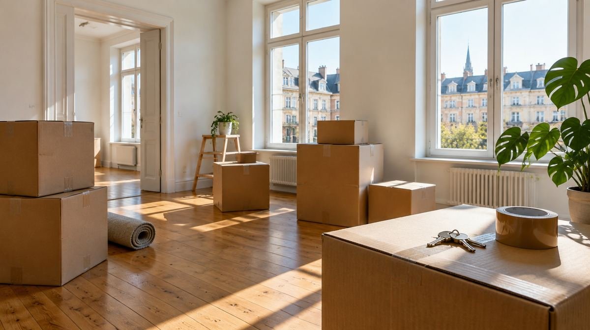 A bright empty flat with wooden floors, stacked moving boxes, a roll of tape and a set of keys on a box.