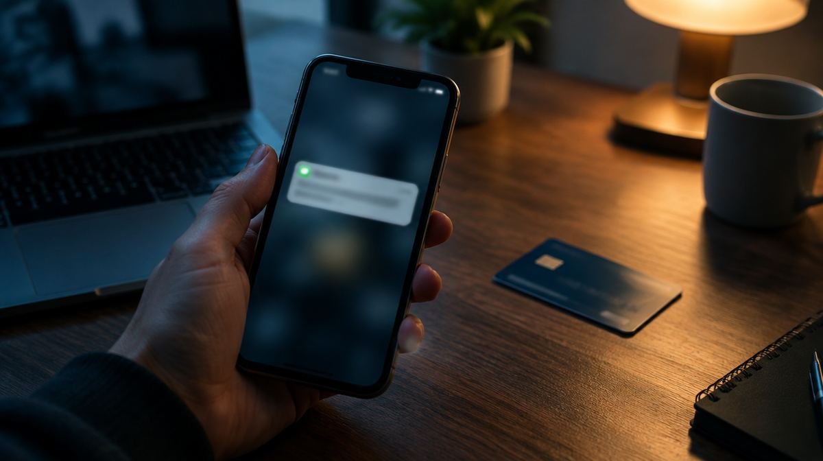 Een hand houdt een smartphone vast met een wazige melding, naast een bankkaart op een bureau, 's avonds.