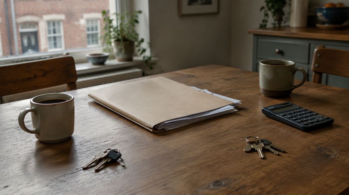Une table de cuisine avec deux tasses éloignées l'une de l'autre, deux trousseaux de clés, un dossier de documents et une calculatrice.