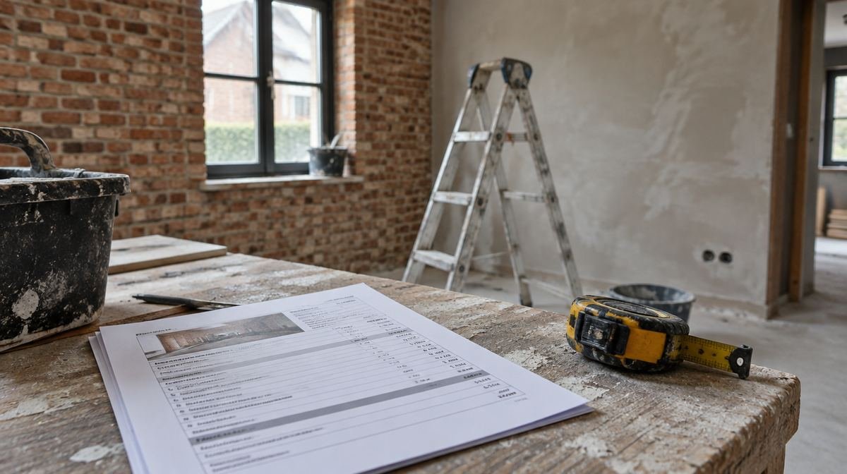 A work table in a brick house under renovation, with a printed quote and a tape measure, a ladder and a freshly plastered wall in the background.